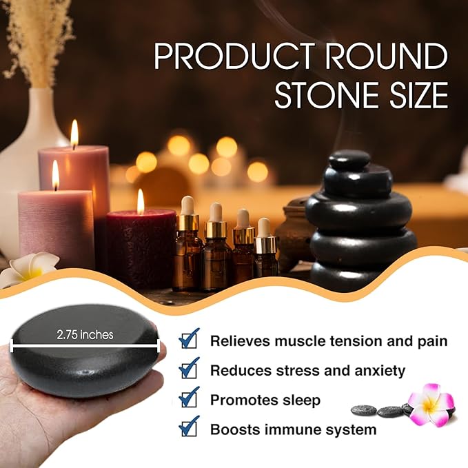 Maxdee Massage Stones Essential Hot Stones for Massage, 6 Large Hot Stones Massage Kit Hot Rocks Massage Stones for Professional or Home Spa, Foot Heater, Relaxing, Healing, Pain Relief, 2.75"
