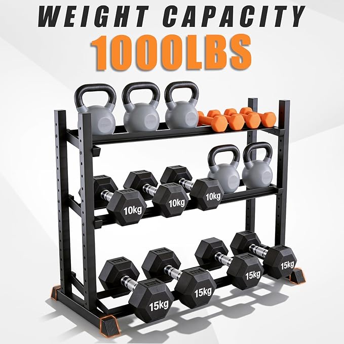 Dumbbell Rack 3-Tier Adjustable Dumbbell Rack Suitable for Dumbbells, Kettlebells, and Other Compact Weights Space-Saving Dumbbell Storage Rack - 1000LBS Capacity