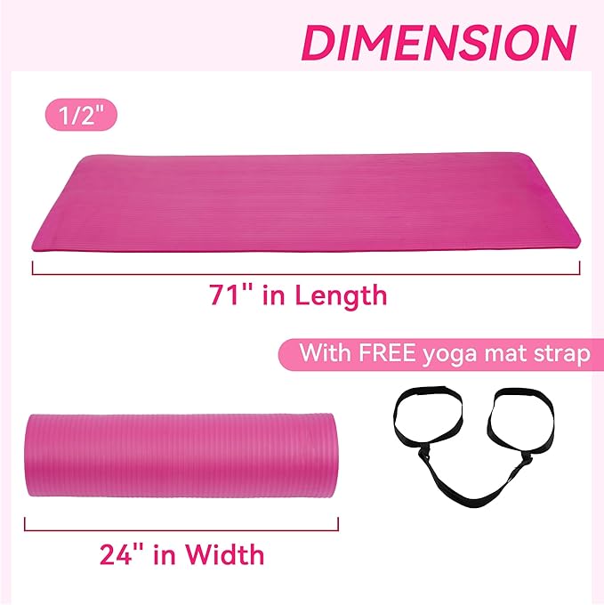 Fitvids Yoga Mat, 1/2-Inch Extra Thick High Density Exercise Mat, Anti-Tear Exercise Yoga Mat with Carrying Strap, Suitable for Various Yoga Exercises
