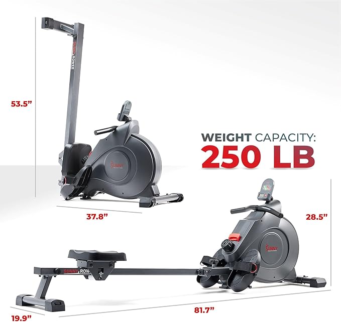 Sunny Health & Fitness Magnetic Rowing Machine Rower with 8-Level Resistance, 53.4" Extended Slide Rail & Digital LCD Display - SF-RW5515