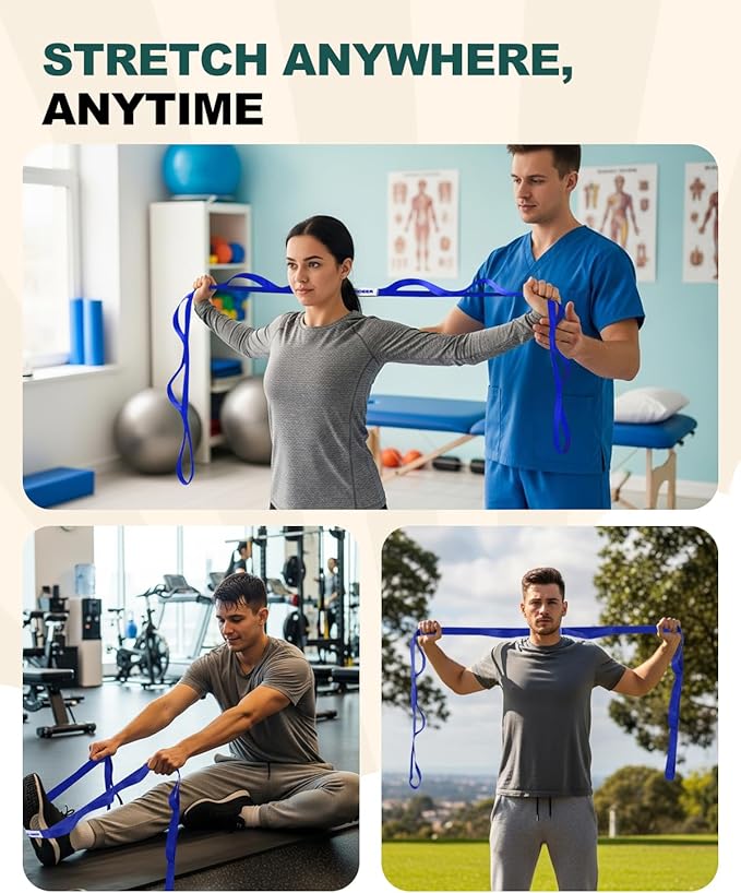 Trideer Stretching Strap for Physical Therapy & Home Rehab, Non-Elastic Yoga Stretch Strap with Loops for Mobility, Yoga & Pilates Stretching