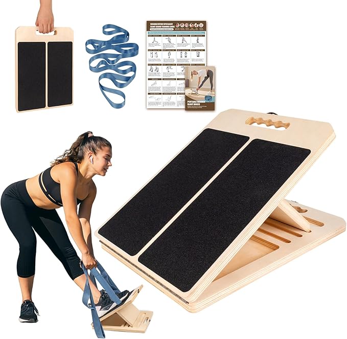 Slant Board for Calf Stretching, Adjustable Wooden Calf Stretch Board with Stretch Strap & Training Poster, 300 Lbs Weight Capacity Velour Board for Calf Ankle Achilles Physical Therapy Leg Exercisers