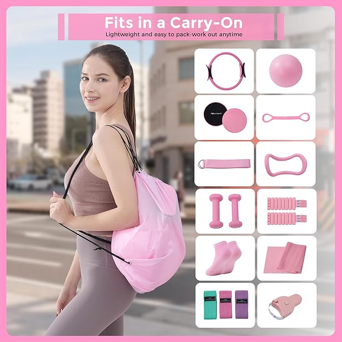 Home Pilates Kit Pilates Equipment Set, Better Yoga Pilates Essentials Kit for Women with 14.5" Pilates Ring, Ball, Resistance Bands, Ankle Weights, Dumbbells, Sliders, Stretch Band, Yoga Strap Socks