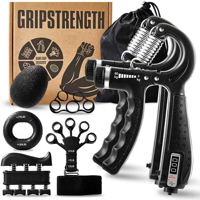 7PCS Grip Strength Trainer Kit, 2 Adjustable Forearm Resistance Grips, Finger Stretchers, Grip Ring, Hand Squeeze Ball, Finger Exercises, User Manual, Suitable for Hand Training, Suitable for Everyone