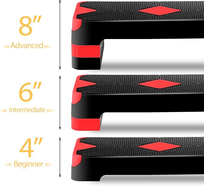 27" Adjustable Exercise Aerobic Step Platform with Stackable Risers – 3 Levels (4", 6", 8") – Workout Stepper for Home Gym, Fitness & Physical Therapy Training