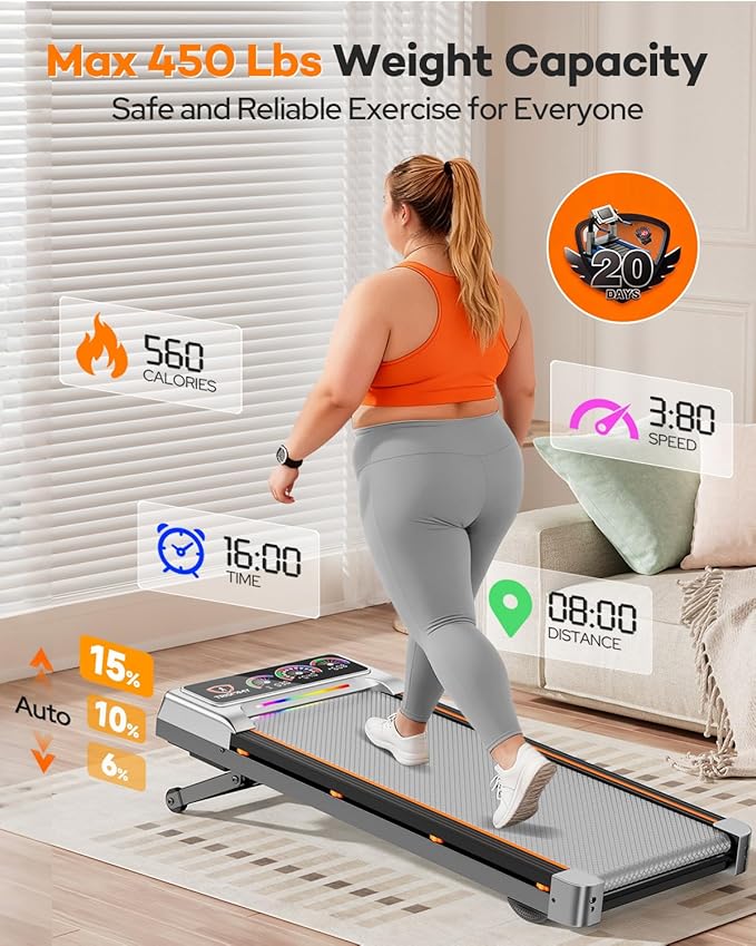 Walking Pad Treadmill with 15% 12-Level Auto Incline, 450 lbs Capacity RGB UI Screen, 3 in 1 Under Desk Treadmill, Bluetooth Speaker, 3.5HP Quiet Portable Treadmills for Home Hiking, APP & Remote