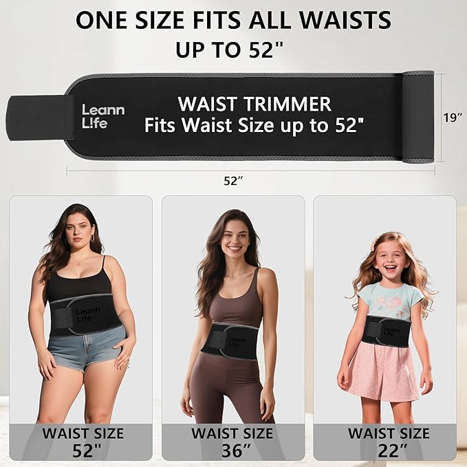 Waist Trimmer Belt – One Size 52″ Fits All Women & Men, Premium Neoprene Sweat Waist Trainer for Workout & Fitness