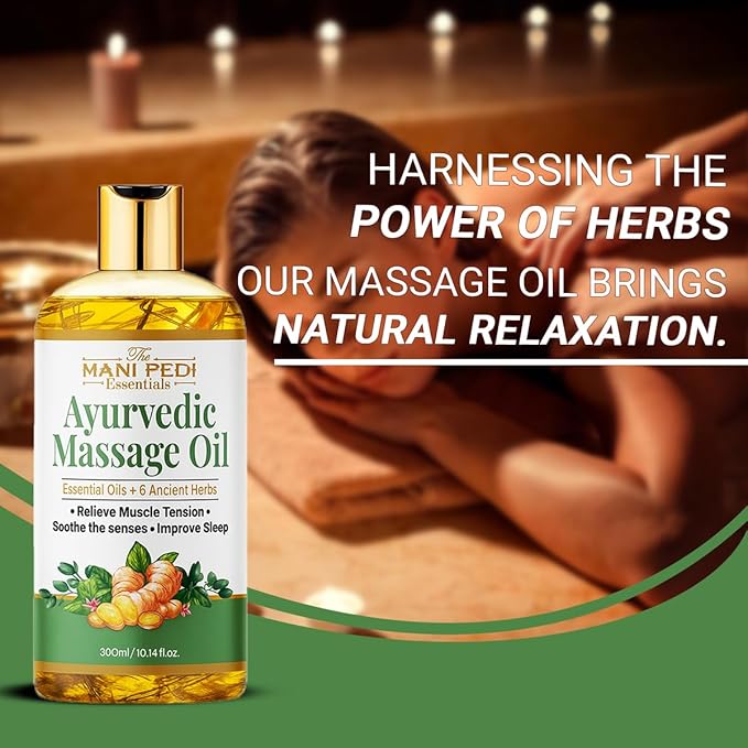 Ayurvedic Oil, Massage Oil with 6 Ancient Herbs with Clove, Almond, Lemongrass & Lavender Oils. Relieves Muscle Tensions, Calms Nerves, Soothes Senses. Organic & Natural - 10 Fl Oz