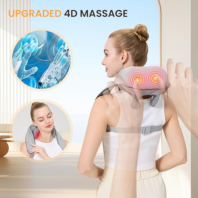 4D Wireless Deep Tissue Kneading Neck Massager,Shiatsu and Shoulder Massage Pillow,Massager with Heat,Back and Leg Pain Relief, Body Muscle Pain Relief, Perfect Gifts for Men Women. (Grey)