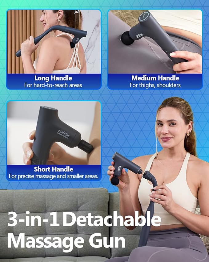 3-in-1 Detachable Massage Gun Deep Tissue, Ergonomic Extension Handle Back Massager for Pain Relief, Portable Percussion Muscle Massager for Shoulder, Thigh, Waist & Neck, FSA-HSA Eligible