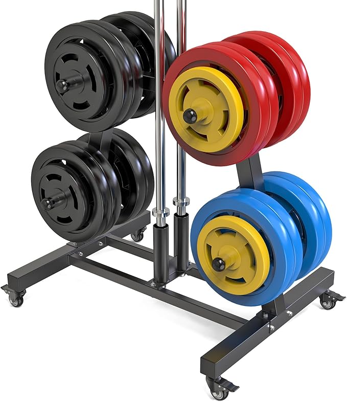 SELEWARE Olympic Weight Plate Tree Rack with 8 Weight Pegs & 2 Barbell Holders, Heavy-Duty Steel Gym Storage Organizer with Locking Wheels for 2 Inch Olympic Plates & Bars