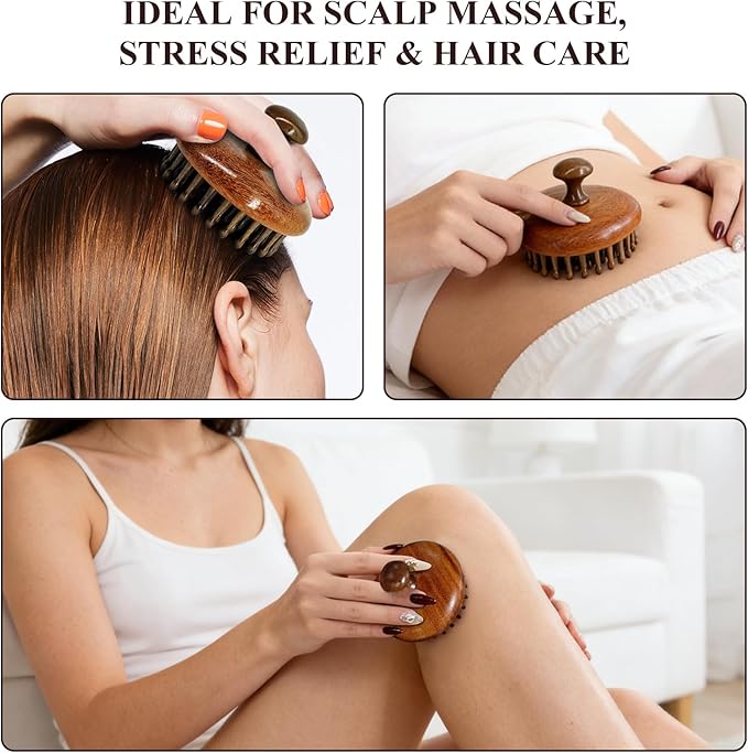 Wooden Scalp Massager for Hair Growth, Bamboo Head Massage Brush to Stimulate Circulation, Natural Anti-Static Scalp Scrubber for Wet/Dry, Relaxing Gua Sha Tool for Face & Body, Gift for Women Men