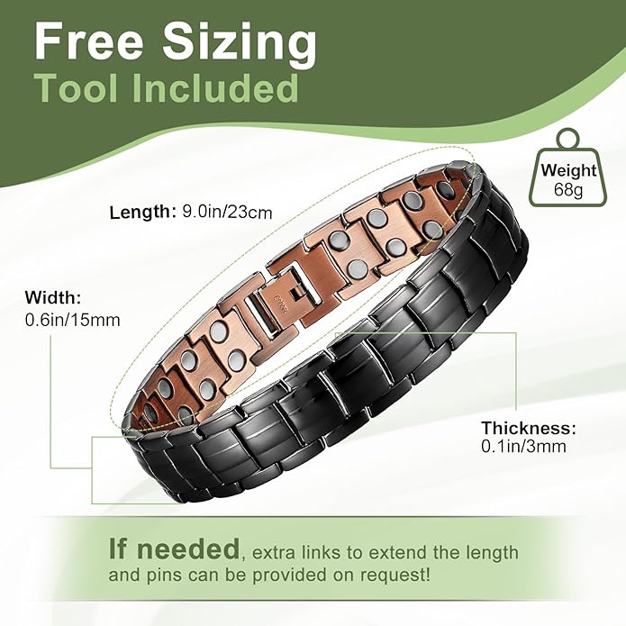 MagEnergy Mens Copper Magnetic Bracelets, 99.9% Pure Copper Bracelet with Double-Row Strength Magnets, Adjustable Jewelry with Sizing Tool