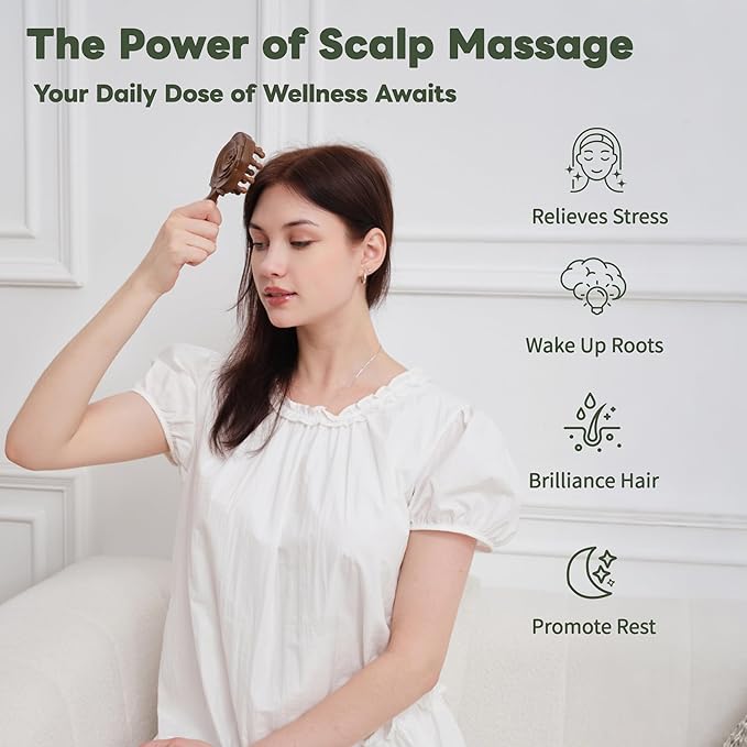 Wooden Scalp Massager & Cushion Hair Brush Gift Set – Manual Head Massage Brush with Rounded Tips, Gentle Scalp Stimulation & Daily Hair Care – Gift-Ready Self-Care Set