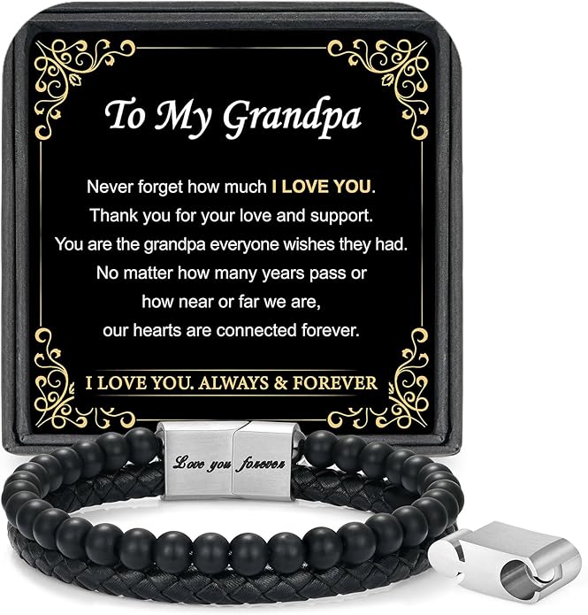 LUXEJEW Gifts for Men - Beaded Leather Bracelet 6mm Matte Agate Stone Bracelets for Men Dad Son Husband Boyfriend Grandpa Grandson Brother Uncle Nephew Adjustable Magnetic Clasp