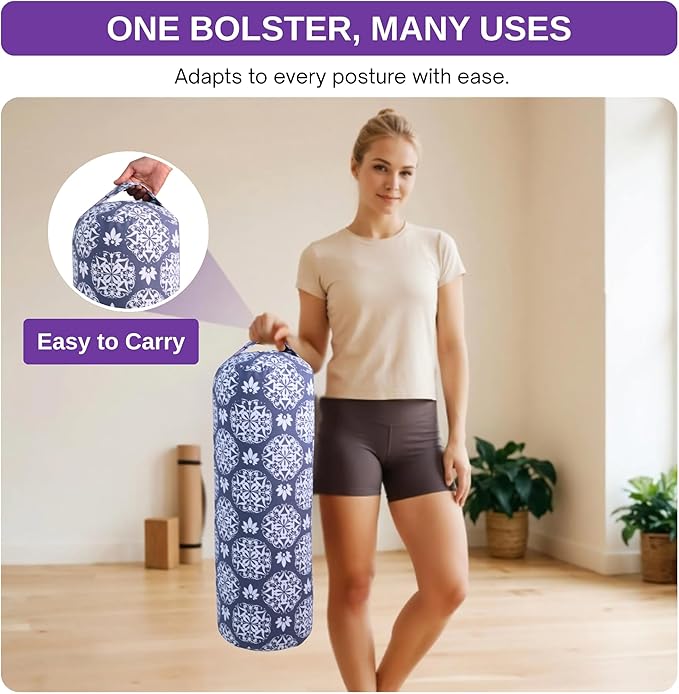 Yogikuti Iyengar Yoga Bolster for Restorative Yoga and Meditation – Lightweight Cotton Support Pillow with Handle for Easy Carry, Versatile for Pose Modification, Balance, Back Relief, and Relaxation