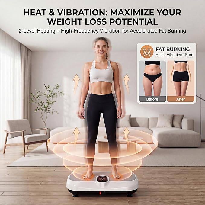 Vibration Plate Exercise Machine for Lymphatic Drainage & Weight Loss, Heated Vibrating Platform Full Body Workout Equipment, 440lb Capacity Home Gym Shaker Board with Bluetooth & Resistance Bands