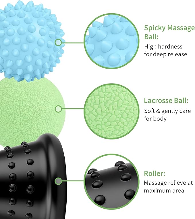 Maliton Massage Ball & Foot Roller - 3-in-1 Set with Spiky Ball, Lacrosse Ball, Massage Roller - Plantar Fasciitis Relief and Heel Spur Pain, Trigger Point Therapy for Deep Muscle Massage.