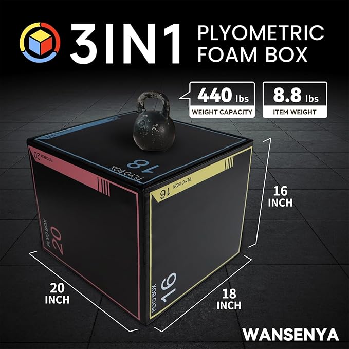 3-in-1 Dense Foam Plyometric Jump Box,30"x24"x20"-24"x20"x16"-20"x18"x16"Non-Slip Box Jumps for Home Gym,Exercise Foam Plyo Box for Fitness Training-Step-Ups,Split Squats,Dips,Box Jump Cube