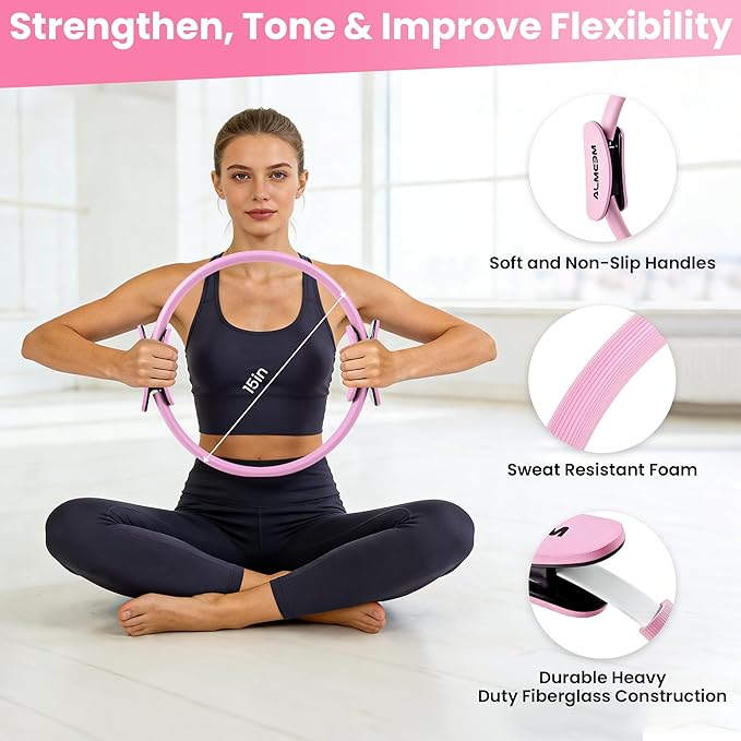 Pilates Ring Kit for Women and Men - 15 inch Magic Circle Exercise Ring and Ball Set for Home Workout Equipment - Dual Padded Handles Ring and Resistance Bands Set for All Fitness Lovers