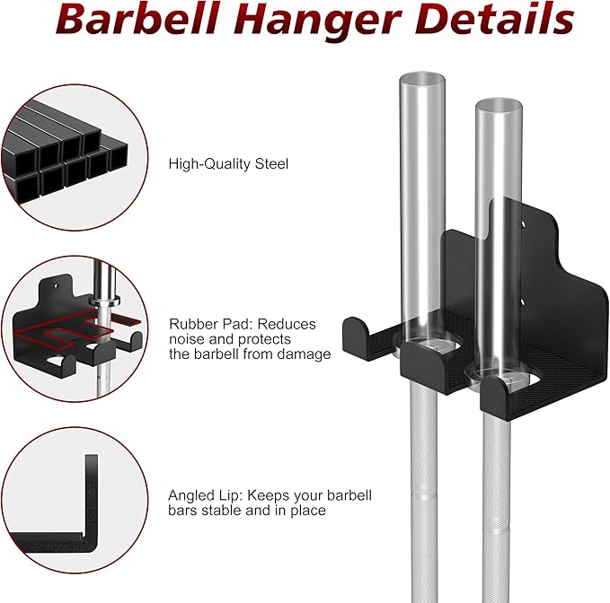4 Pack Wall Mounted Weight Plate Holder and 1 Pack 2 Hooks Barbell Hanger, Weight Plate Holder for 2" Weight Plates, Vertical Barbell Holder With Protective Rubber Pad for Garage Home Gym