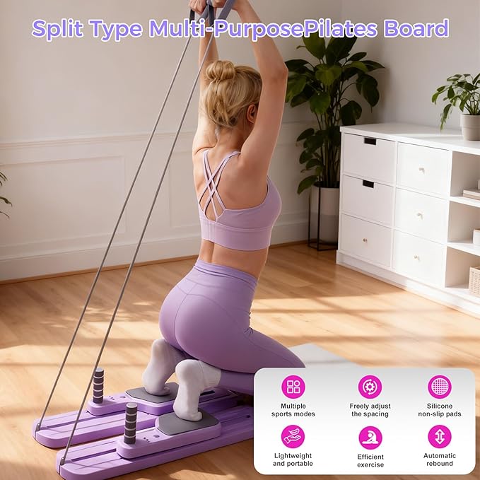 Pilates Board, Pilates Reformer, Portable Pilates Reformer, Pilates Board for Home Workout, 9 in 1 Foldable Pilates Equipment with Timer & Resistance Band, Fitness, Exercise, Ab, Core (Purple)