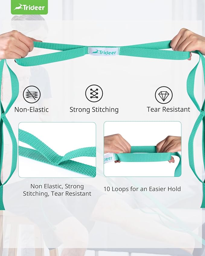 Trideer Stretching Strap with Loops & Leg Lifter, Non-Elastic PT-Style Physical Therapy Strap for Knee Replacement Rehab, Hamstring, Calf & Back Stretcher Mobility, Hip, Shoulder & Yoga