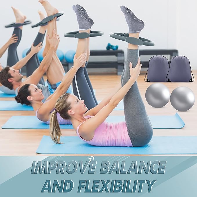 Poen 18 Pcs Home Pilates Ball and Ring Circle Set Yoga Fitness Essentials Kit with 5 Resistance Band Stretching Strap Non Slip Sock Ball Core Slider Wristband Headband Gym Bag for Women