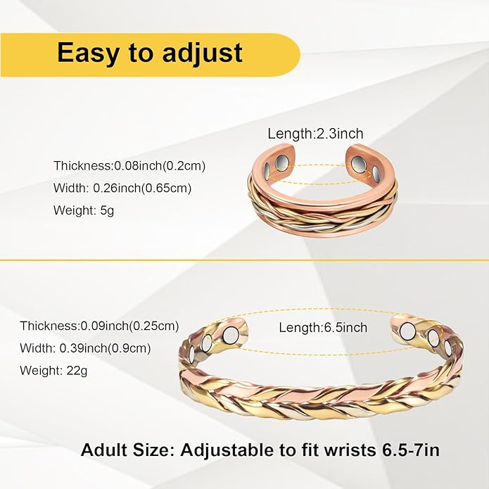 Copper Bracelet for Women, Set Pure Copper Adjustable Braid Bracelet Ring with Magnets, Mother's Day Jewelry Presents(1004 2036)