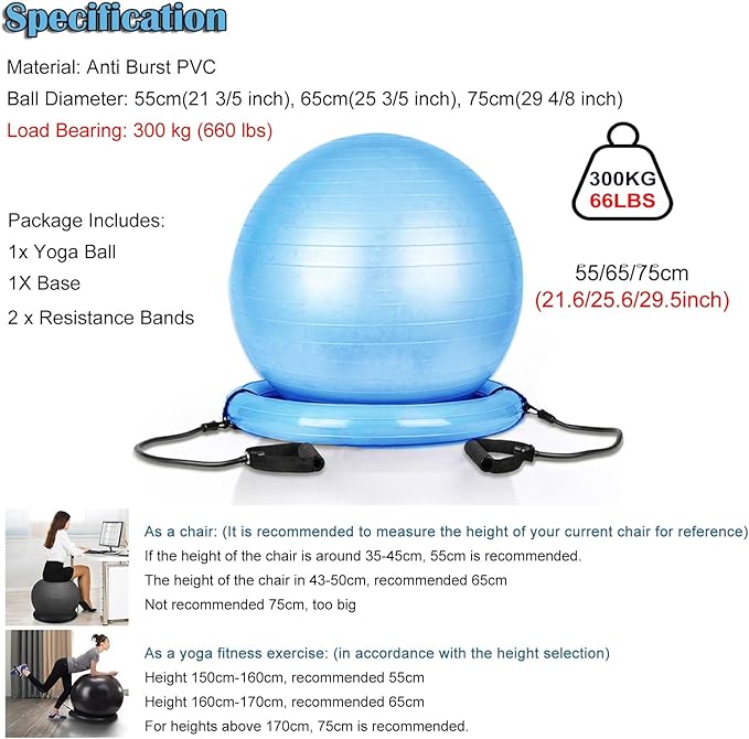 Large Yoga Ball Chair for Sitting at Desk, Lightweight Birthing Ball/Stability Ball/Balance Ball Seat Office Chair, Self-Standing Ergonomic Exercise Ball Chairs(Diameter 55cm(21 3/5 inch))
