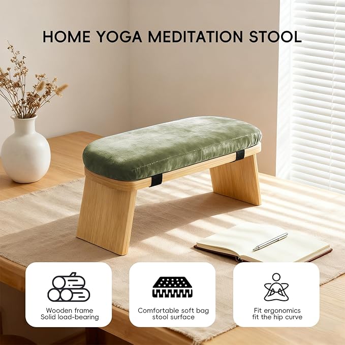 Natural Beech Wood Yoga Bench, Ergonomic Design for Kneeling, Meditation, Pilates, FSC Certified (Green)