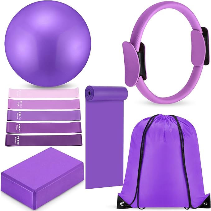 10 Pcs Home Pilates Ring Set for Women Yoga Equipment Accessories Pilates Ring Circle and Ball Workouts Gift Include Ball Yoga Circle Resistance Bands Block Straps Gym Bag