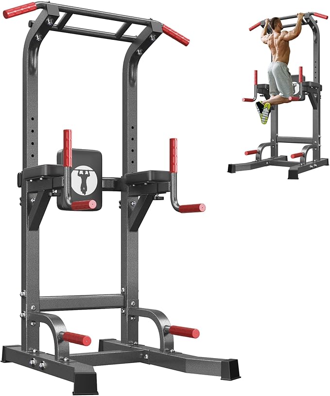 Pull Up Bar Station, 10-Level Height Adjustable Wall Mounted Home Gym, 330 lbs Capacity with Dip Bars & Push Up Handles, for Chin Up, Dips, Leg Raise (Black/Red/Yellow)