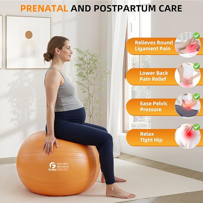 Gruper Yoga Ball, Extra Thick Non Slip Exercise Ball for Workout, Birthing, Balance, Stability, Pregnancy, 4 Sizes Anti Burst Chair for Home and Office, Includes Quick Pump & Fitness Guide