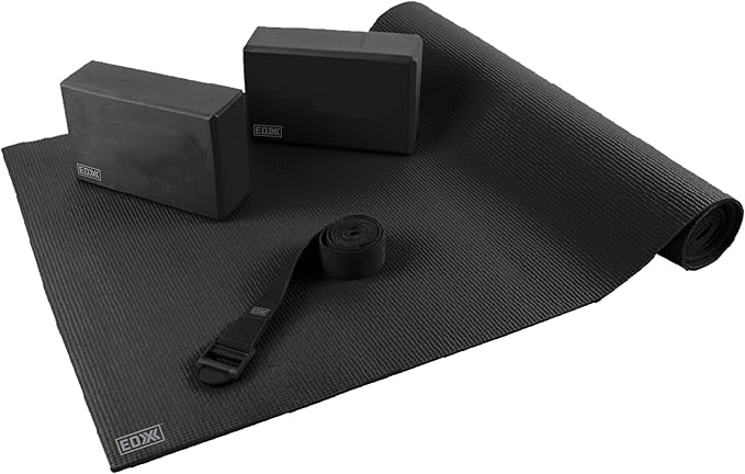 EDX Essential Yoga Kit with Mat, EVA Foam Blocks, Carrying Strap for Pilates, Workouts, Exercise | Set of 4, Black
