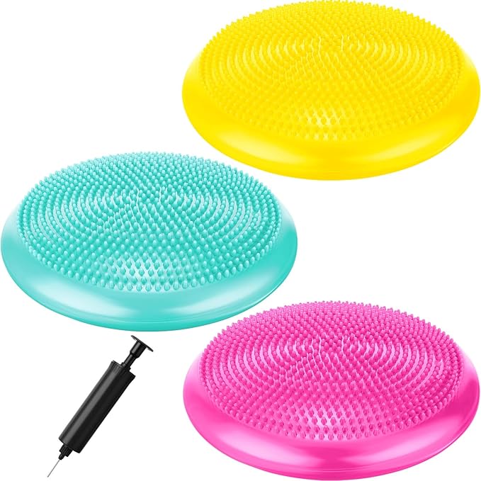 Leitee 3 Pcs Inflated Wobble Cushion Exercise Wiggle Seat for Sensory Flexible Seating Wobble Board Balance Disc Sensory Wiggle Seat Pad for Office Chair with Air Pump