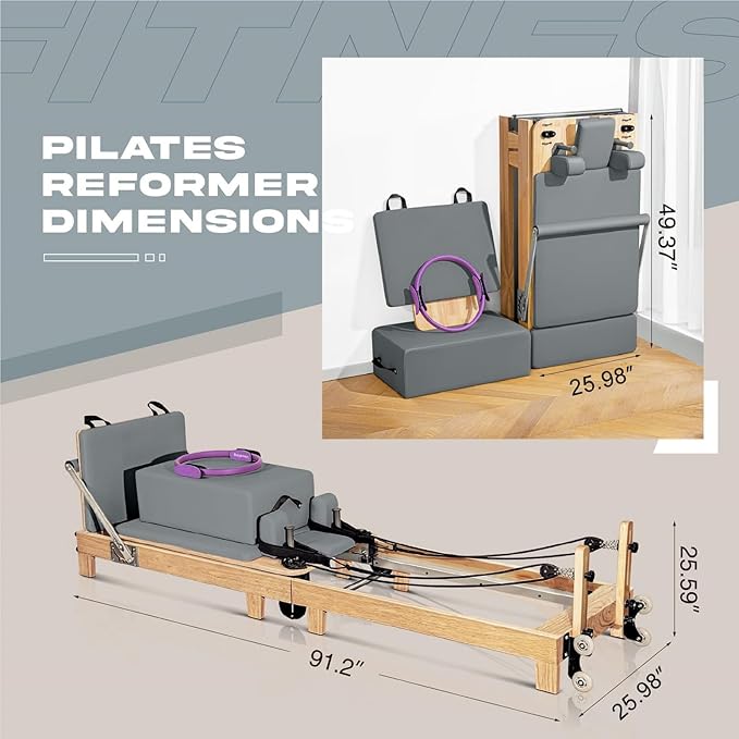 Pilates Reformer Machine, Quick-Assembly Studio Grade Pilates Equipment for Gym and Home, Oak Wood Pilates Reformer with Reformer Accessories