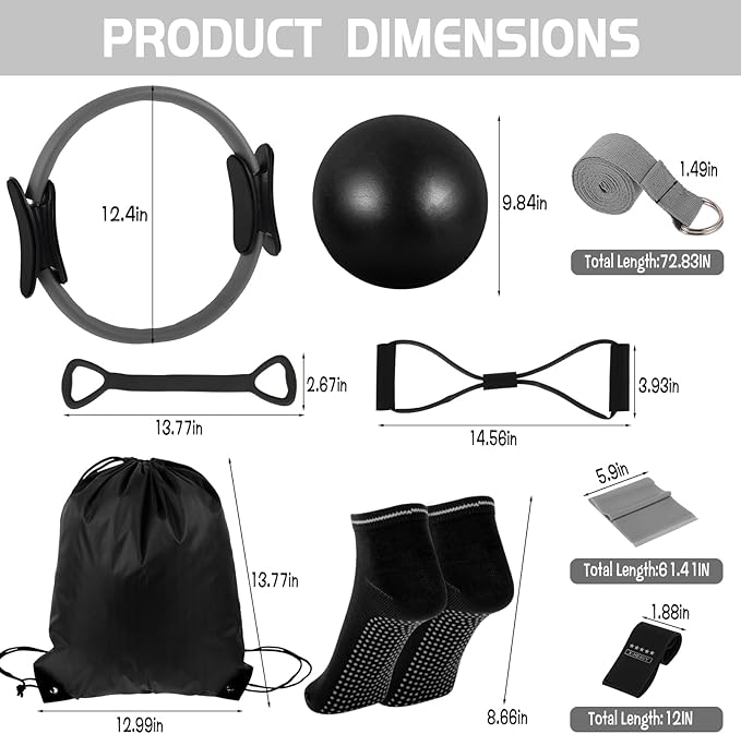 21 Pcs Pilates Ring Circle Set for Women, Includes Ball Yoga, Ring Stretching, Strap Bands, Non Slip Socks, Back Bags for Workout, Commonly Used for Yoga, Pilates, Stretching, Fitness(Black,Gray)
