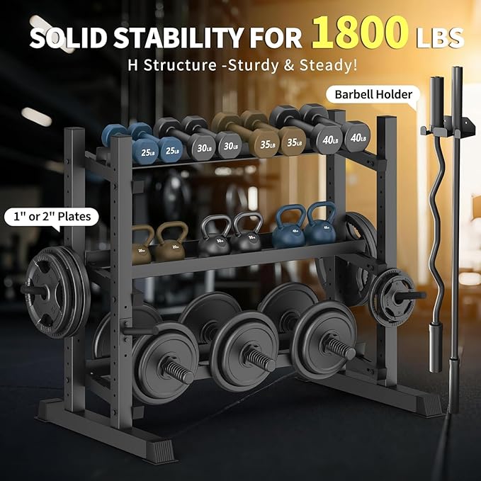 3-Tier Dumbbell Rack, 1800LB Capacity with Barbell Holder, Adjustable Heavy-Duty Weight Rack for Home Gym, Weight Stand for Dumbbells, Kettlebells & Weight Plates (Rack Only)