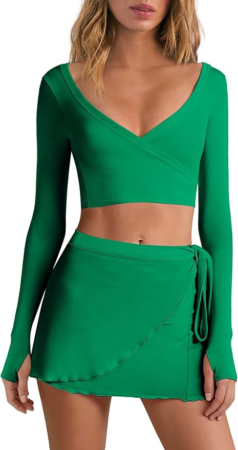 Nirovien Womens 2 Piece Workout Sets Sexy Pilates Outfits Athletic Gym Yoga Sets Ballet Wrap Top and Skirt