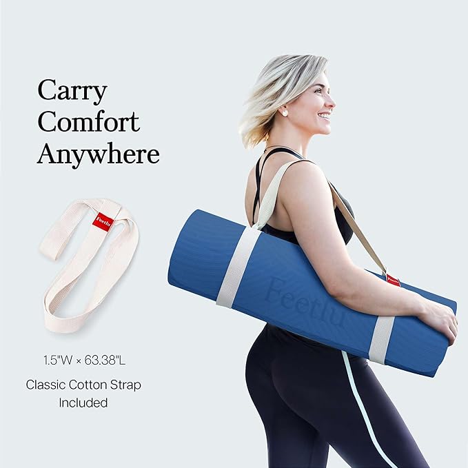Extra Thick 12mm Exercise Mat – Non-Slip, Joint-Friendly & Cushioned Fitness Mat for Yoga, Pilates & Floor Workouts – Durable, Supportive & Includes Feetlu Classic Strap