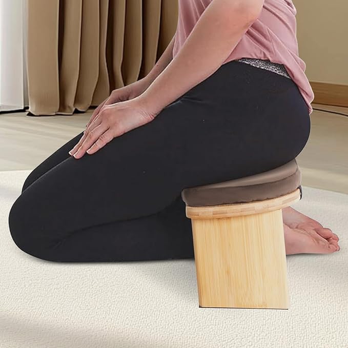 LOYALHEARTDY Meditation Bench - Bamboo Wood, Foldable Meditation Stool with Velvet Cushion Cover & Carrying Bag - Prayer Kneeler Chair for Yoga Or Sitting (Coffee)