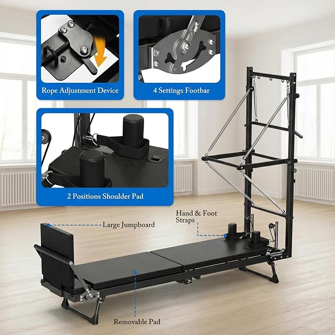 MAX3.0 Foldable 93" Pilates Reformer with Tower, Pilates Machine with Attachable Tower, Pilates Ring & Yoga Bands, Jumpboard, Dual Resistance Springs, Reformers for Home Workout, up to 800 lbs