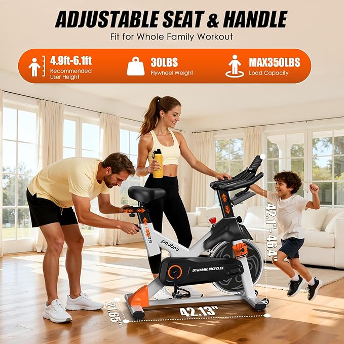 pooboo Exercise Bike, Adjustable Magnetic Resistance Stationary Bikes for Home with App Compatible, 350LB Weight Capacity Indoor Cycling Bike with Large Seat, Dumbbell Rack, Pull Cords & LCD Display,Low Noise Indoor Spin Bike for Home Gym