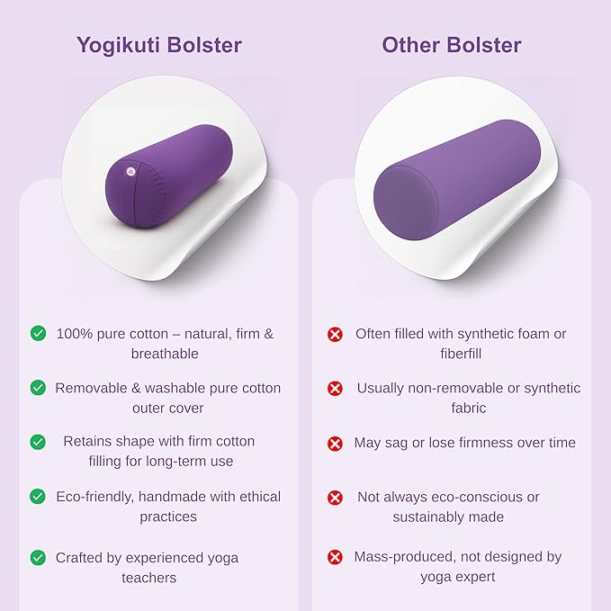 Yogikuti Iyengar Yoga Bolster for Restorative Yoga and Meditation – Lightweight Cotton Support Pillow with Handle for Easy Carry, Versatile for Pose Modification, Balance, Back Relief, and Relaxation (Purple, L 61cm x dia. 23cm)