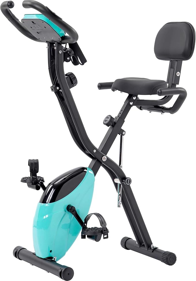 Folding Exercise Bike — 2-in-1 Upright & Recumbent Fitness Bike, 16-Level Adjustable Resistance, Adjustable Backrest, Arm Bands, Compact Foldable Design