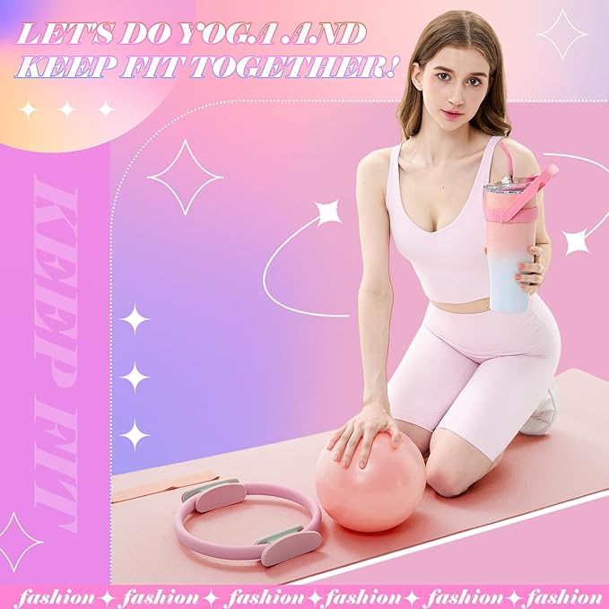 Poen 7 Pcs Pilates Essentials Kit for Women Home Workout Pilates Equipment Ring and Ball Set with 11.81 Inch Circle 9.84 Inch Yoga Ball Resistance Bands Cup Bag Socks for Beginners