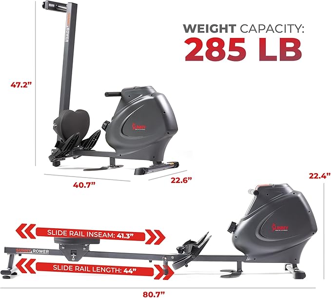 Sunny Health & Fitness Foldable Magnetic Rower, Long Rail & Extended Inseam Range for Home Cardio Workout, Free SunnyFit Training App, Optional Footplate for Standing Exercises