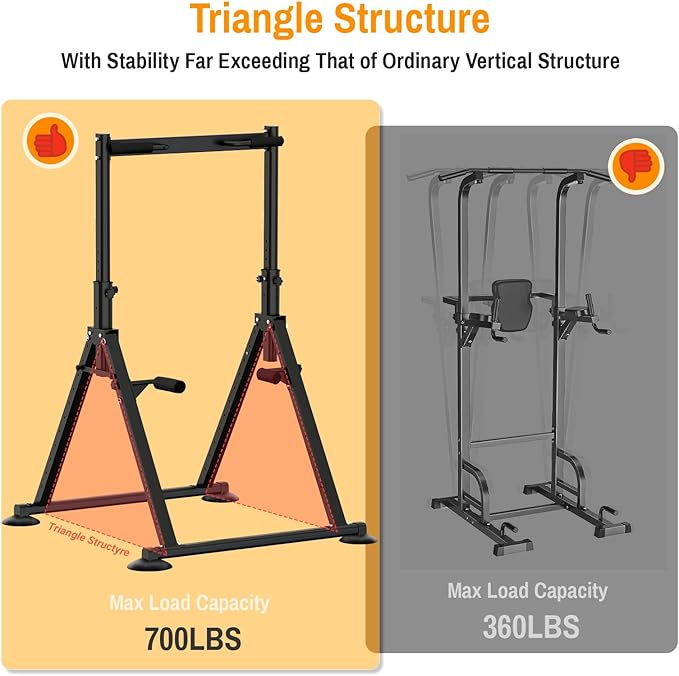 Foldable Power Tower Dip Station Pull Up Bar, Multifunction Triangular Structure Pull Up Station Home Gym Strength Training Workout Equipment