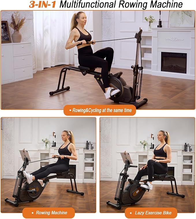 3 in 1 Rowing Machine, Rower with 6-Level Height & 8-Level Resistance, Dual Slide Rails, Smart LCD Monitor, Supports Up to 350 lbs, Fitness Equipment Home Gym